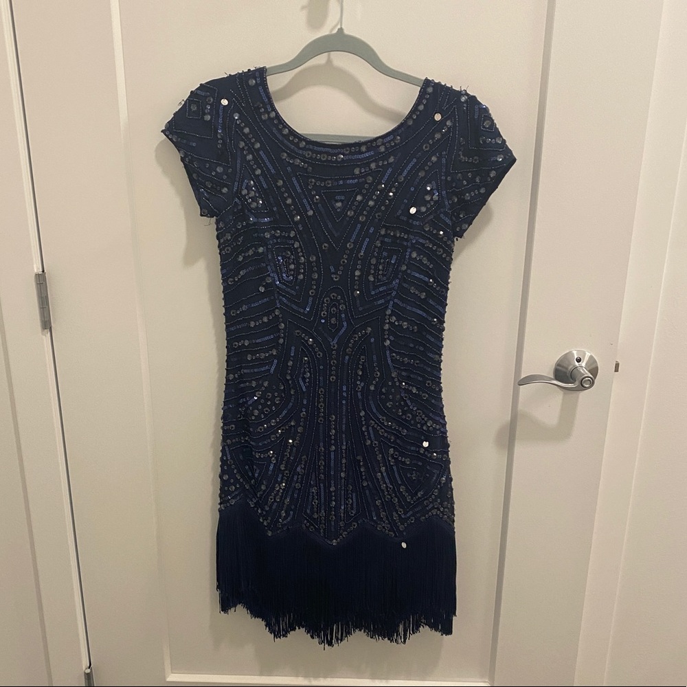 Aidan Mattox Navy Sequin Flapper Dress w Fringe
